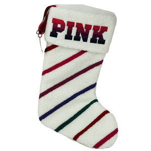 Victoria's Secret PINK Christmas Stocking White Sherpa Multi Stripe 18" Diagonal